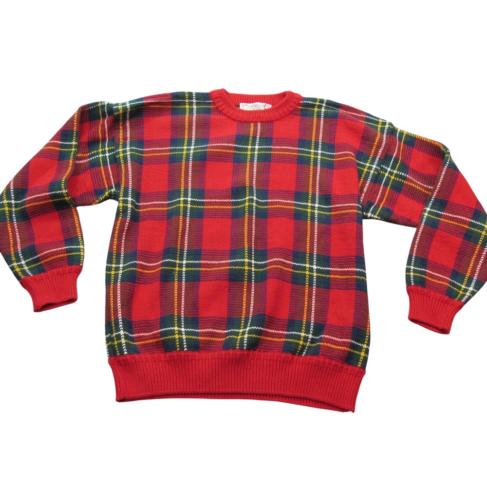 John Ashford Mens Red Plaid Crewneck Sweater 100% Cotton XL Long‎ Sleeve Tartan